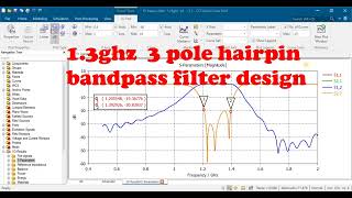 three pole hairpin bandpass filter design results optimization ansys HFSS electronics [upl. by Pfaff]