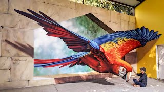 Street Artist Paints a JawDropping 3D Wall Mural of a Parrot  WooGlobe [upl. by Willms344]