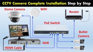 CCTV Camera Installation with NVR  IP Camera Hikvision NVR amp PoE Switch Complete full Installation [upl. by Hartzel]