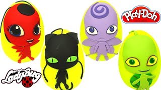 Huevos Sorpresas de 4 Kwamis de Miraculous Ladybug Tikki Plaga Nooroo y Wayzz Plastilina Play Doh [upl. by Gregoor]