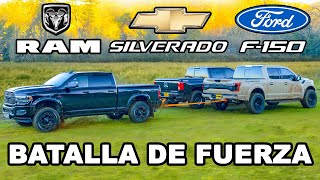 Dodge RAM v Ford F150 v Chevy Silverado Batalla de Fuerza [upl. by Deonne]