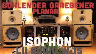 Clip test 3 way open baffle speakers with Lii Audio W15 Isophon and bohlender graebener planar [upl. by Anwahsal]