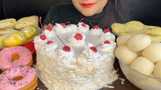 ASMR EATING CAKE WHITE FOREST CAKERASGULLARASMALAIDONUTS AND CHUM CHUM DESERT MUKBANG [upl. by Ettenom634]