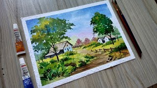 How to paint Landscape scenery of beautiful nature easy watercolor painting [upl. by Eednar]