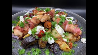 Græsk inspireret kylling med bacon aubergine tomat kartofler og feta [upl. by Neuberger]