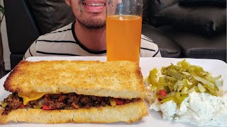 GROUND BEEF AND PORK SAUSAGE GIANT SANDWICH WITH JALAPEÑOS AND POTATO SALAD MUKBANG EATING SHOW [upl. by Baseler]