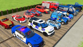 TRANSPORTING CARS AMBULANCE POLICE CARS FIRE TRUCK MONSTER TRUCK OF COLORS WITH TRUCKS  FS 22 [upl. by Rumpf]