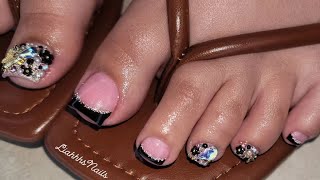 Acrylic Toe Design  Bling Acrylic Toes French Tip Toe Nails Black Toe Nails Design [upl. by Dnalkrik679]