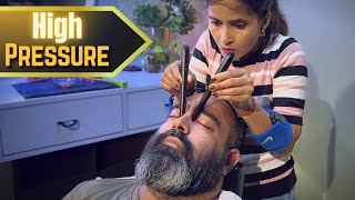 High Pressure Head Massage ASMR  he loves Scalp rub Massage WITH Cosmic Lady barber [upl. by Akinhoj]