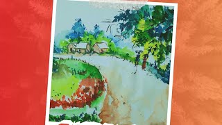 Serene Village Morning landscape scenery drawing with use watercolor [upl. by Miof Mela]