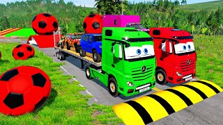 Double Flatbed Trailer Truck vs Speedbumps  Train vs Cars  BeamngDrive [upl. by Cormack58]