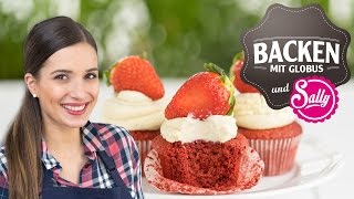 Red Velvet Cupcakes mit Erdbeeren  Backen mit Globus amp Sallys Welt 3 [upl. by Johannessen]