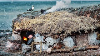 STONE HUT on a Rainy Island 3 Day Survival Camping [upl. by Sunil]