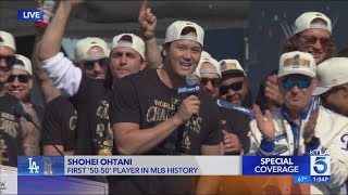 Shohei Ohtani speaks in English to Dodgers World Series rally crowd [upl. by Marty]