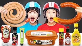 Kielbasa sausage mukbang sauce challenge by yomi yami [upl. by Nonnahsed]