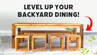 Easy DIY Outdoor Dining Table With Benches Stools and build plans [upl. by Tennek]