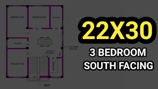 22x30 sqft house plan 3 bedroom  22x30 house plan south facing  22 ft by 30 ft house design [upl. by Dannica]