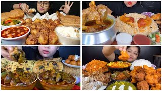 ASMR Eating VegNonveg Food  Poori Chole Dumalu Chicken Heart amp Liver Curry Mutton Curry Kadhi [upl. by Shir897]