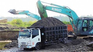 REAL  Overloaded Dump Truck Isuzu ELF NMR 71HD By Kobelco SK200 Excavator [upl. by Wylde]