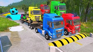 Double Flatbed Trailer Truck vs Speedbumps Train vs Cars  Tractor vs Train BeamngDrive 09 [upl. by Raclima]