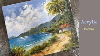 Tropical Island Seascape House Painting with Acrylic008 [upl. by Azar]