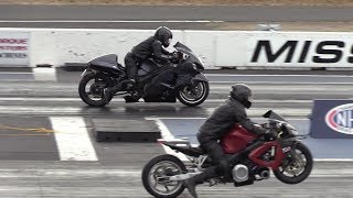 Two of The Fastest Motorcycles Hayabusa vs Honda CBR1100XX Blackbird drag race [upl. by Nrek]