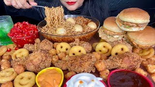 ASMR EATING SPICY NOODLESFRIED CHICKENPOTATO SMILEYSCHICKEN BURGERRED CHILLI ASMR EATING [upl. by Berk172]