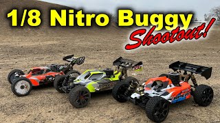 Best RC nitro car  18 Nitro Buggy Shootout Kyosho Inferno MP9 Hobao Hyper VS2 Serpent SRX8 [upl. by Acnairb184]