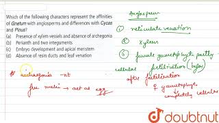 Which of the following characters represents the affinities of Gnetum with angiosperms and [upl. by Cohen389]
