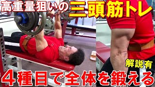 【筋トレ】上腕三頭筋のトレーニングで高重量に挑戦！チーティングも使って4種目で三頭筋全体を追い込む【解説有】 [upl. by Rednaeel]