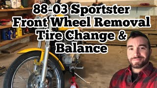 19882003 Harley Davidson Sportster Front Wheel Removal Tire Change amp Balance [upl. by Rudiger135]