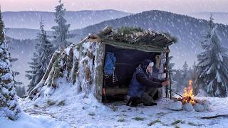 OVERNIGHT in Cozy Bushcraft Shelter amid Heavy Snowfall Survival Camping in the Snow [upl. by Leighton]