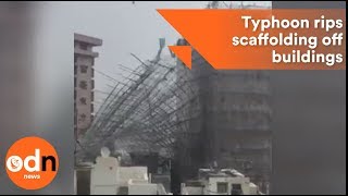 Typhoon rips scaffolding off buildings in Hong Kong [upl. by Nil]