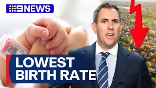 Australia’s birth rate reaches record low  9 News Australia [upl. by Aloysius868]