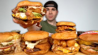 huge BURGER MUKBANG  Eating Subscribers FAVORITE Burgers Round 1 [upl. by Alegna809]