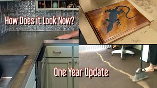 Concrete Countertops amp Earthen Floor  Repair amp Maintenance After 1 Year  OffGrid Solar Passive [upl. by Aksoyn]