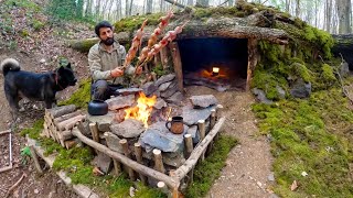 Building a WOOD and ROCK SHELTER for 3 Days SURVIVAL Fireplace Quail Cooking BUSHCRAFT Camping [upl. by Oirretno]