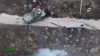 Horrible Ukrainian FPV drone blows up Russian infantry platoon newly deployed in Pokrovsky [upl. by Adnawat805]