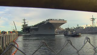 USS Theodore Roosevelt docks in Bremerton for next year and a half [upl. by Gardia772]