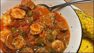 TOMATOES OKRA SHRIMP amp SAUSAGE  QUICK AND EASY DELICIOUSNESS [upl. by Ahsile]