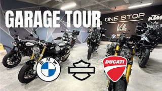 GARAGE TOUR 1 One Stop Valle DUCATIS HARLEYS Y BMW bmwmotorrad ducati harleydavidson f800gs [upl. by Acinoryt]