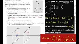 Exercice champ électrostatique créé par un disque et un plan infini capacité d’un condensateur plan [upl. by Yna]