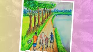 Two Boys Walking with Cows on a Village Road StepbyStep Oil Pastel Drawing Tutorial [upl. by Thisbe]