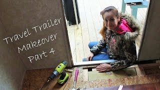 Travel Trailer Makeover Pt 4 Removing Cabinets Fixing Floors Family Camping [upl. by Elijah432]