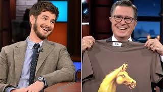 Andrew Garfield gifts Stephen Colbert a T shirt featuring We Live in Times infamous demon carousel [upl. by Denae470]