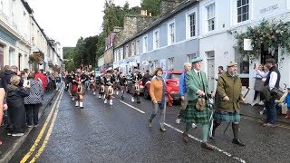 Chieftain leads parade through Dunkeld and over river Tay Bridge to 2019 Birnam Highland Games [upl. by Kelwen]