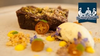 Chocolate and pistachio brownie with smoked sea salt and kumquat textures and a chocolate garnish [upl. by Thin503]