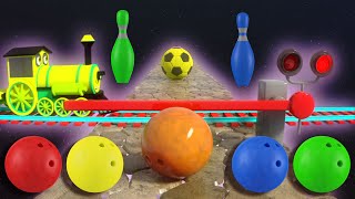 🚂 Bowling Ball Smashes Kinetic Sand Numbers Shapes amp Letters 🍎🍇 Train Teaches Fruits AZ 🌌 [upl. by Shaddock857]