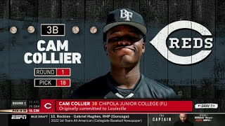 Reds Draft 3B Cam Collier From Chipola Junior College with 18th Pick of 2022 MLB Draft [upl. by Ahseid367]