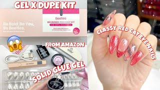 TRYING BEETLES NEW NAIL TIPS amp SOLID GLUE GEL KIT FROM AMAZON  GEL X DUPE KIT  RED CAT EYE NAILS [upl. by Niram989]